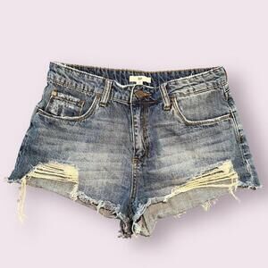 BP Distressed Medium Wash Raw Hem Ripped High Waisted Denim Jean Shorts Sz 28